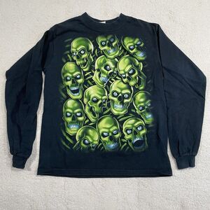 Vintage Y2K Liquid Blue Green Skull Pile Shirt Medium Black Long sleeve‎ Clean